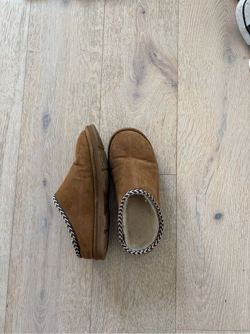 BearPaw Suede Slip-On Clogs in Brown with Patterned Trim